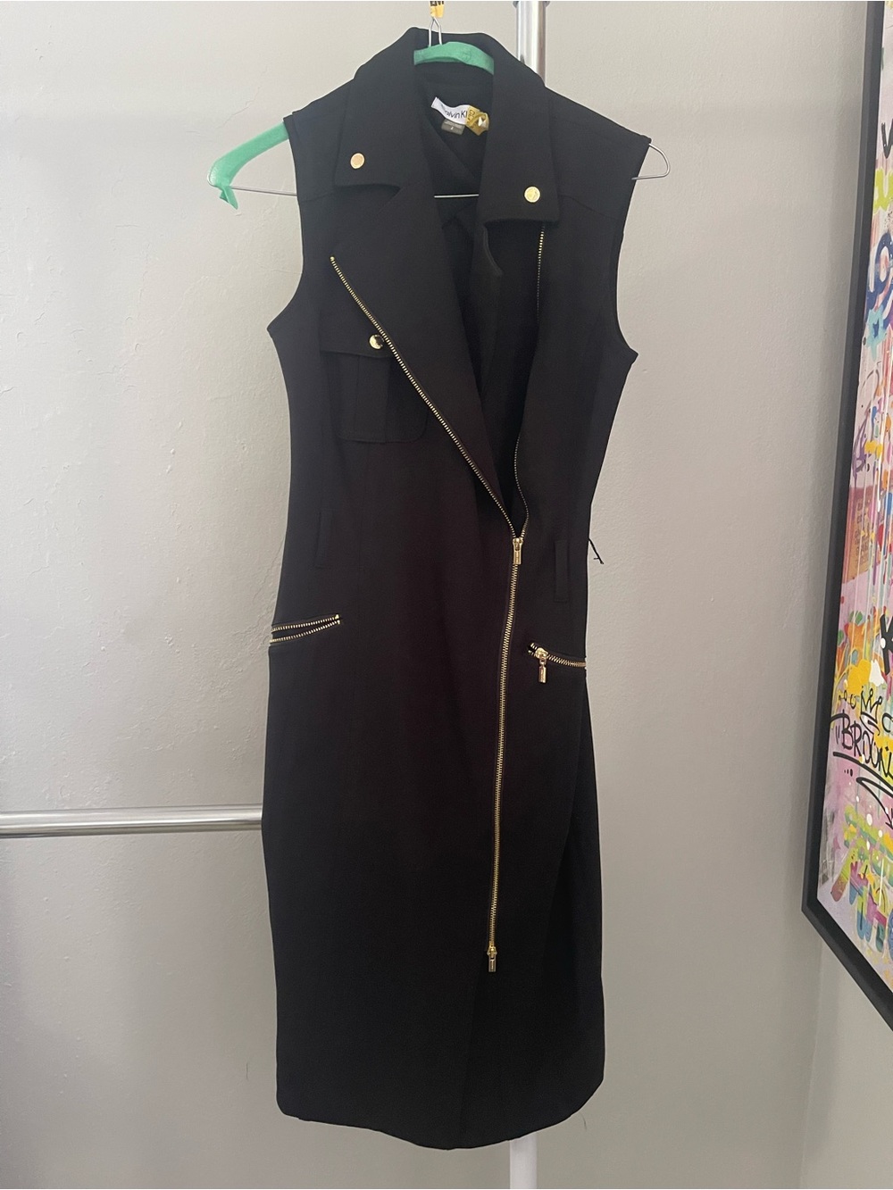 Calvin Klein Black Sleeveless Zip-Front Dress with Gold Hardware